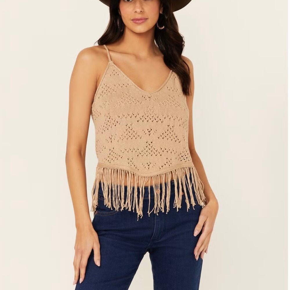 Shyanne Women's Hankie Hem Fringe Sweater Tank‎ Top Western Crotchet Top Size XL